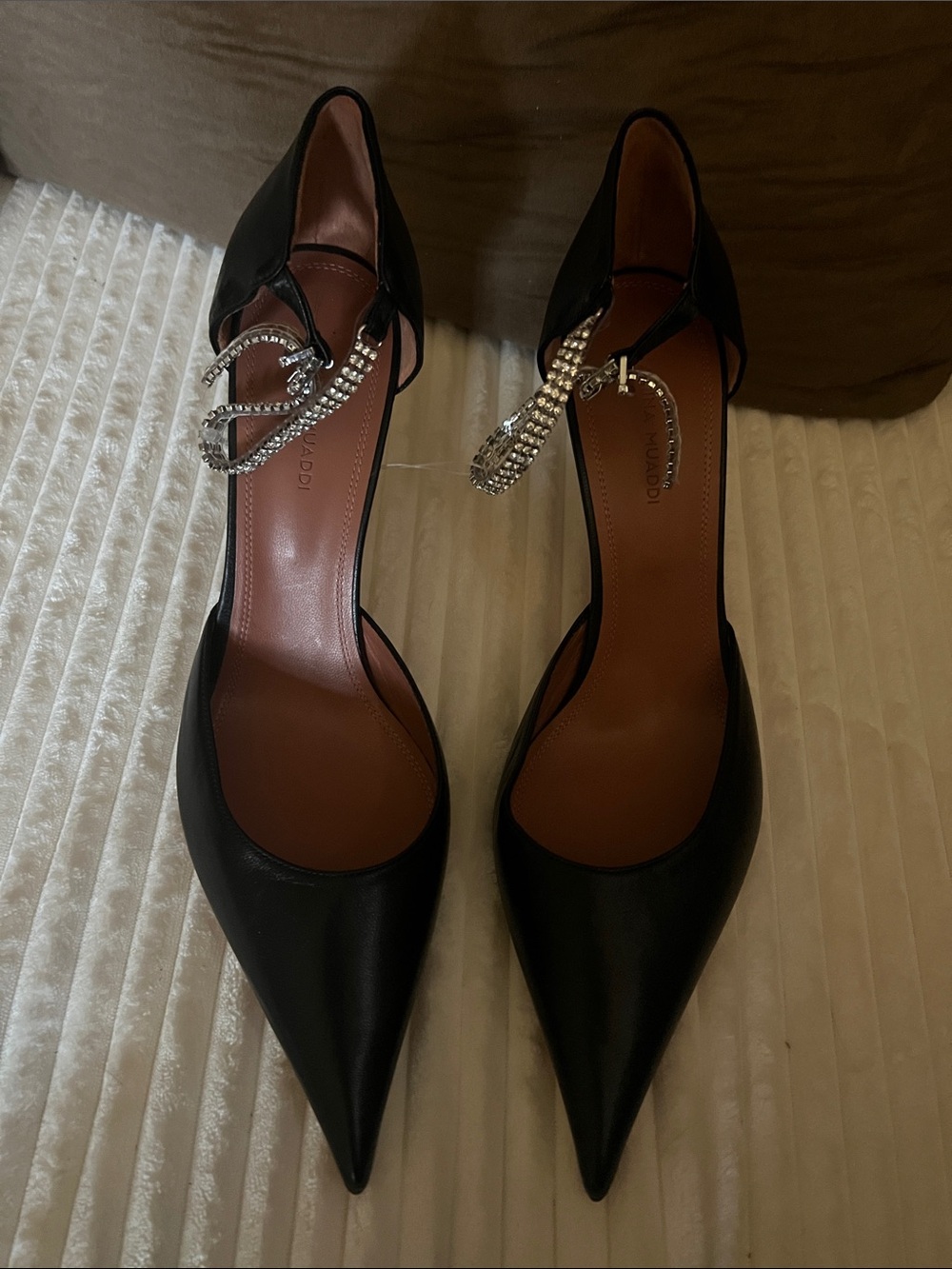 Amina muaddi ursina Black Pointed Toe Rhinestone Ankle-Strap Pumps